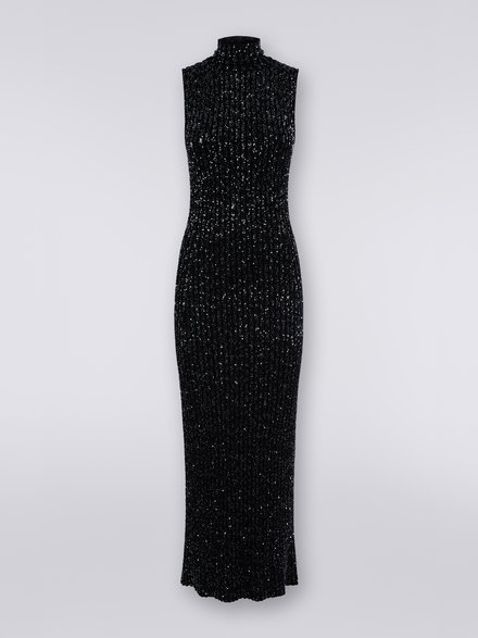 Langes Kleid aus Viskosemischgewebe mit Pailletten, Schwarz    - DS23WG09BK025RS90DI
