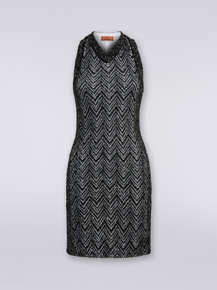 Cotton blend chevron dress with sequins , Black    - DS23WG0FBK025ES90DI
