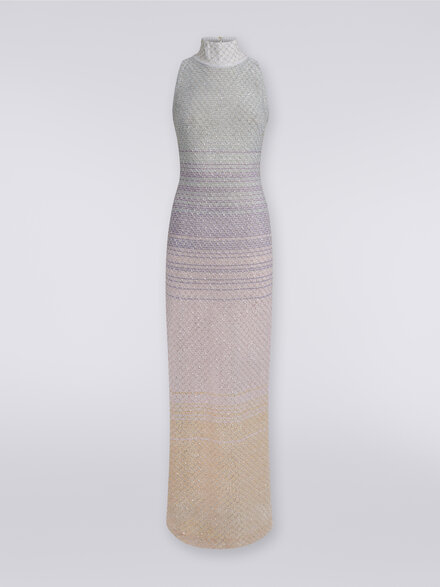 Long dress with American neckline in viscose mesh with sequins, Multicoloured  - DS23WG1OBK026WS019A
