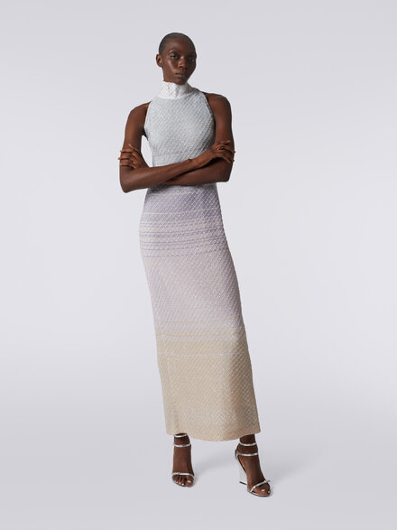 Long dress with American neckline in viscose mesh with sequins, Multicoloured  - DS23WG1OBK026WS019A