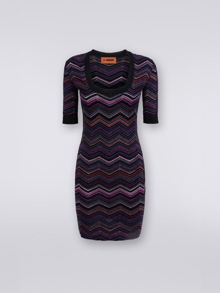 Mini dress with square neckline in zigzag wool and viscose , Multicoloured  - DS23WG2RBK025JSM91G