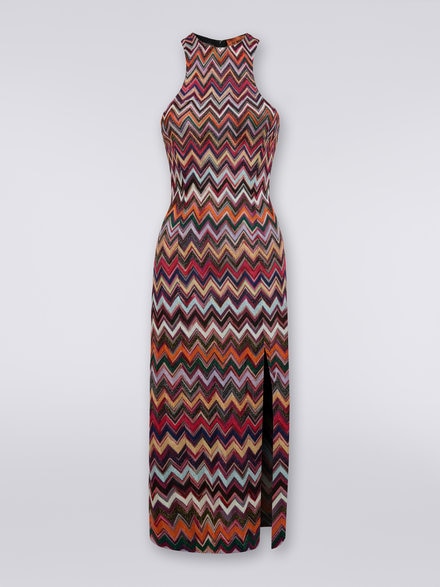 Long dress chevron with American neckline in viscose with lurex , Multicoloured  - DS23WG2TBR00OYSM8WJ