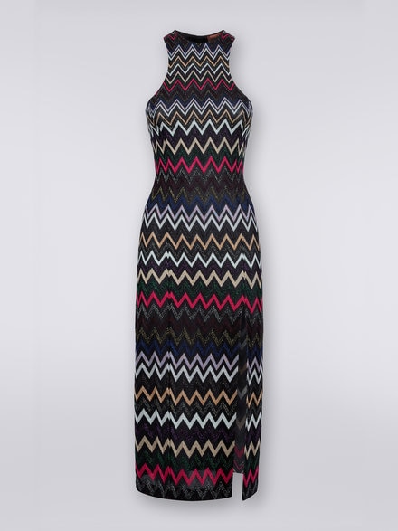 Long dress chevron with American neckline in viscose with lurex , Multicoloured  - DS23WG2TBR00OYSM8WK
