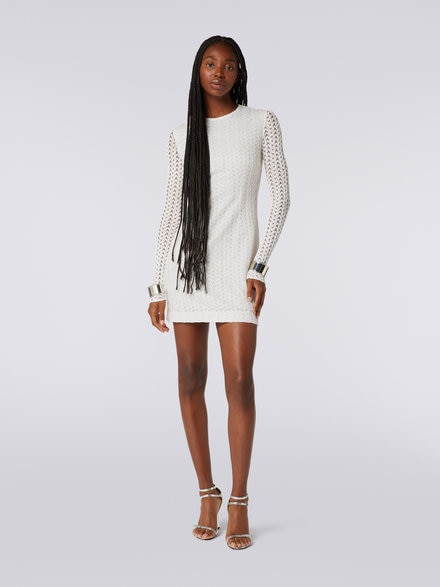 Crew-neck mini dress in wool and viscose with zigzag lace, White  - DS23WG2YBR00NU14001