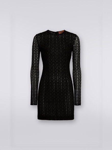 Vestido mini de cuello redondo de lana y viscosa con encaje en zigzag , Negro    - DS23WG2YBR00NU93911