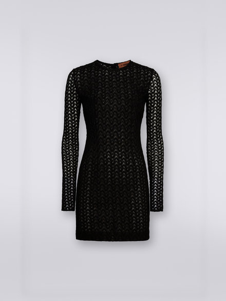 Vestido mini de cuello redondo de lana y viscosa con encaje en zigzag, Negro    - DS23WG2YBR00NU93911