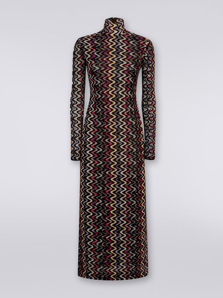 Long dress in raschel zigzag knit wool and viscose, Multicoloured  - DS23WG30BR00P3SM8WE