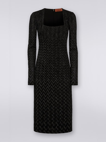 Viscose chevron midi dress with square neckline with lurex , Black    - DS23WG3ABR00OZS91G2
