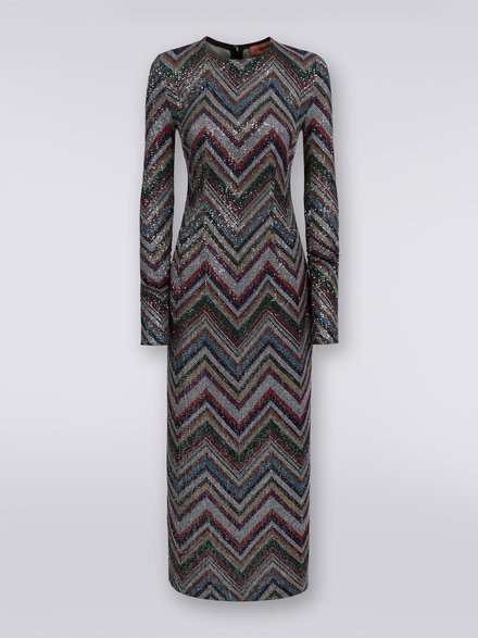 Long dress in viscose blend with zigzag and sequins , Multicoloured  - DS23WG3BBC003IL904Z
