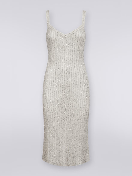Geripptes Kleid aus Viskosemischgewebe mit Pailletten , Weiß  - DS23WG3HBK025RS00GS
