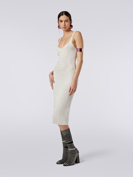 Vestido de canalé en mezcla de viscosa con lentejuelas, Blanco  - DS23WG3HBK025RS00GS
