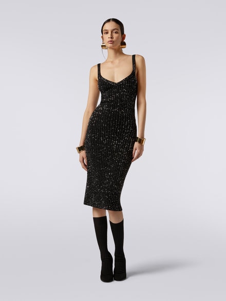Vestido de canalé en mezcla de viscosa con lentejuelas, Negro    - DS23WG3HBK025RS90DI
