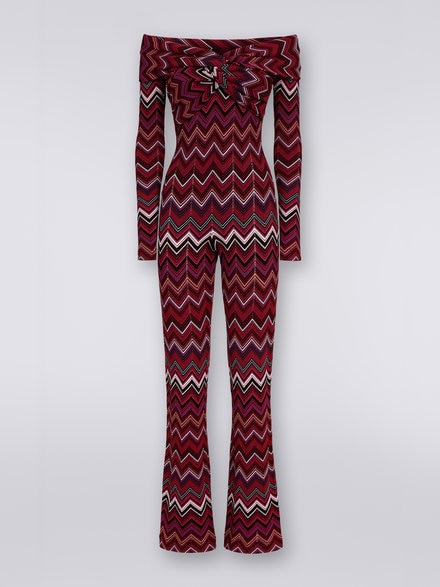 Viscose blend chevron jumpsuit with Bardot neckline, Multicoloured  - DS23WG3JBK026TSM91F