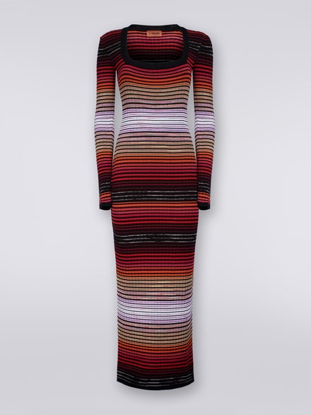 Long dress with square neckline in striped cotton and viscose , Multicoloured  - DS23WG3KBK026YS414D