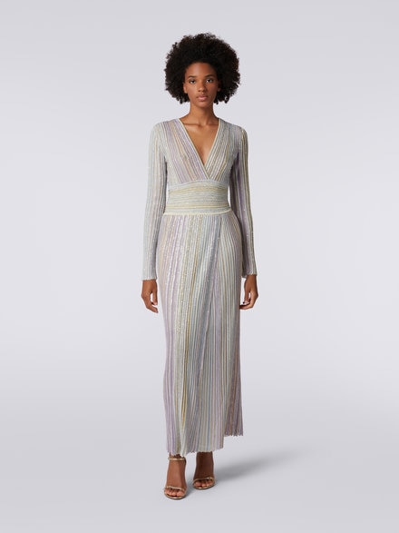 Long viscose dress with sequins and V neckline, Multicoloured  - DS23WG4ABK027ESM91O