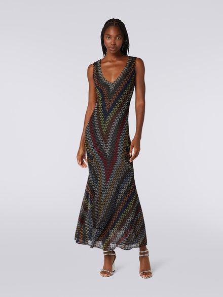 Long lamé viscose V-neck dress, Multicoloured  - DS23WG4PBR00K8S91HI