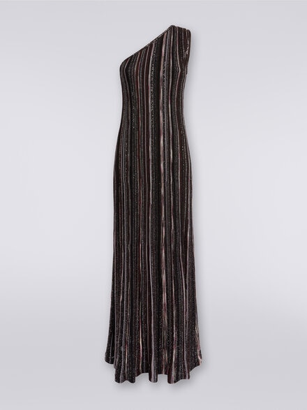 Long vertical striped one-shoulder viscose blend dress with sequins , Multicoloured  - DS23WG56BK031KSM954