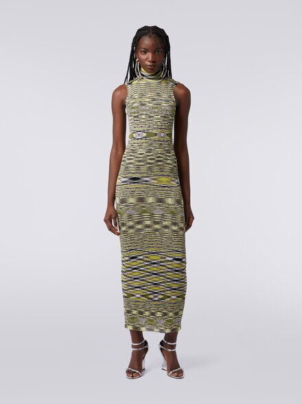 Slub viscose blend long dress with ribbing, Multicoloured  - DS23WG5WBK029MFM12A