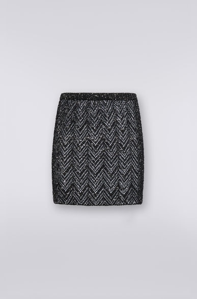 Mini-jupe à chevrons en coton mélangé avec paillettes , Noir    - DS23WH02BK025ES90DI