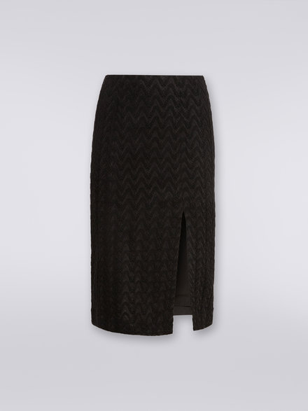 Midi skirt with split in raschel knit wool and viscose, Black    - DS23WH0RBR00NU93911