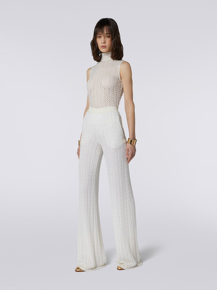 Pantalón palazzo en lana y viscosa con confección raschel, Blanco  - DS23WI0WBR00NU14001