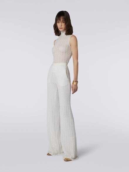 Pantalón palazzo en lana y viscosa con confección raschel, Blanco  - DS23WI0WBR00NU14001