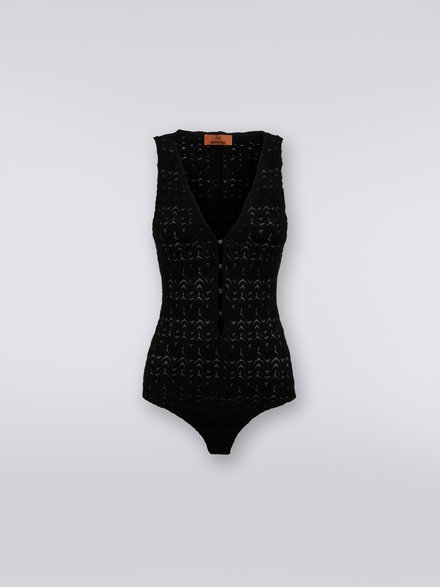 V-neck bodysuit in viscose blend with lace effect , Black    - DS23WK15BR00SU93911