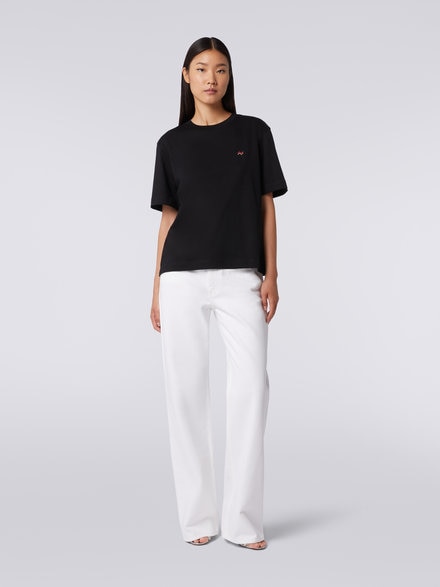 Crew-neck cotton T-shirt with embroidery and logo, Black    - DS23WL07BJ00IE93911