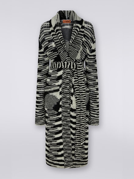 Long slub wool knit cardigan, Black & White - DS23WM1CBK027NS91H0