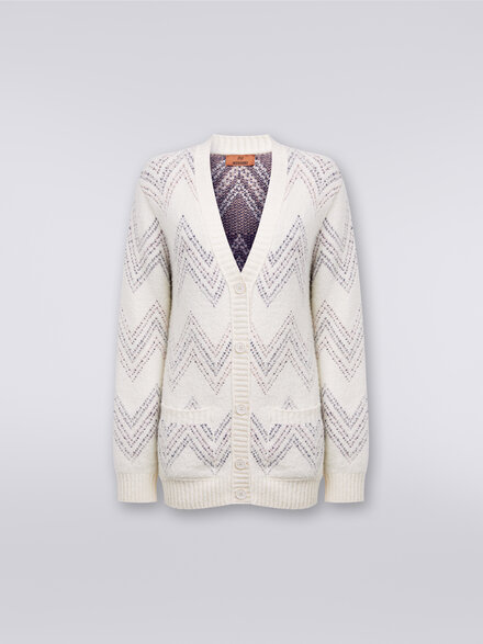 Oversized cardigan in zigzag cotton blend , Beige - DS23WM1TBK029KS01C1