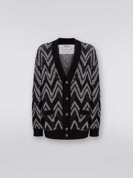 Wool cardigan with two-tone zigzag, Black & White - DS23WM22BK026HS91GM