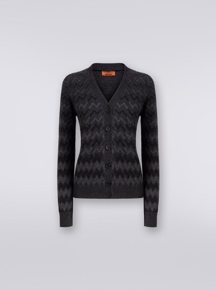 Cardigan con scollo a V in cachemire con zig zag, Nero    - DS23WM2GBK033KS91I3
