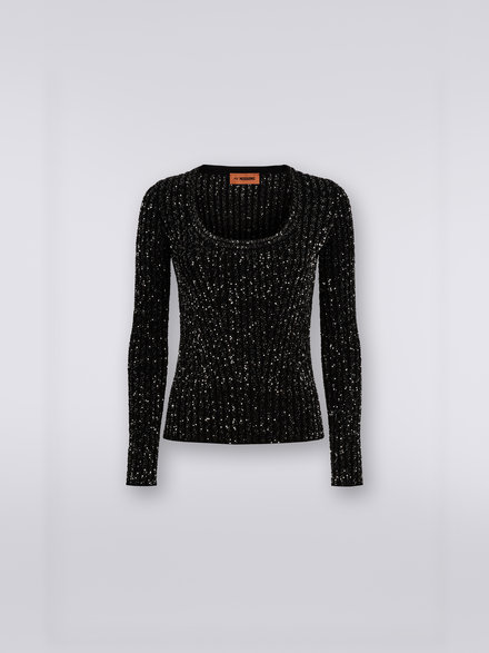Viscose blend ribbed pullover with sequins, Black    - DS23WN08BK025RS90DI