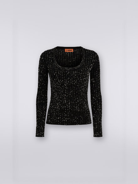 Pull à mailles côtelées en viscose mélangée avec paillettes, Noir    - DS23WN08BK025RS90DI