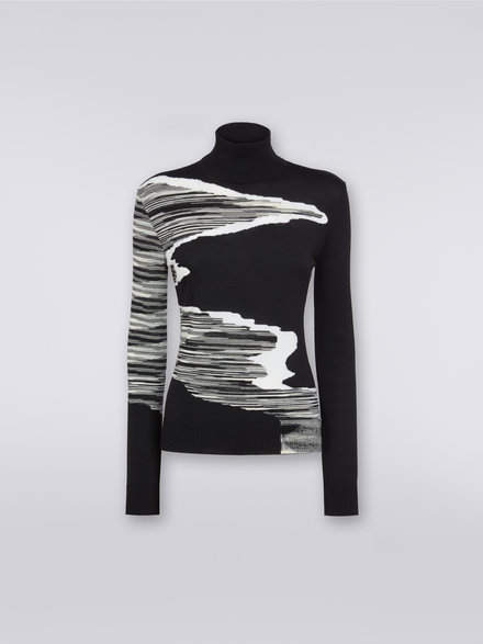 High neck pullover with wool inlay details , Black & White - DS23WN0BBK025QF9001