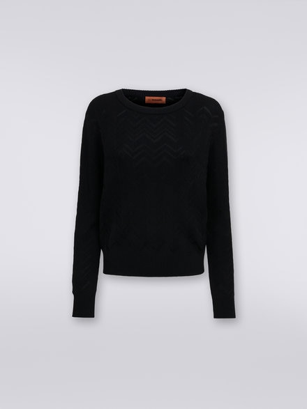 Jersey de cuello redondo en lana y viscosa de espigas, Negro    - DS23WN0OBK027A93911