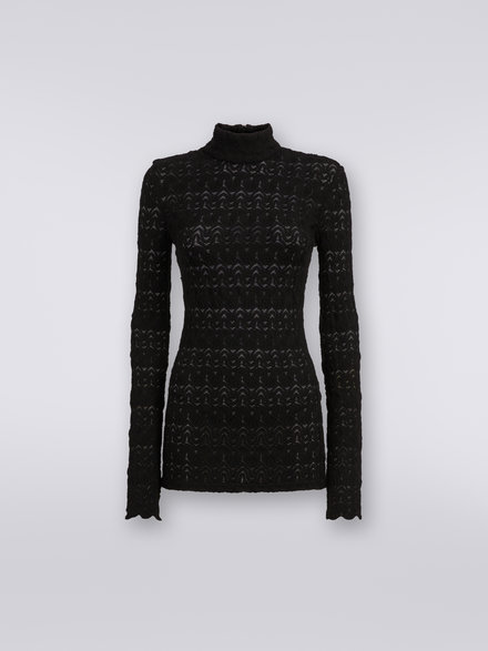 Jersey de cuello alto de mezcla de viscosa efecto encaje, Negro    - DS23WN1SBR00SU93911