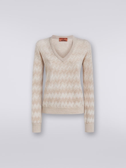 Pullover con scollo a V in cachemire con zig zag, Bianco  - DS23WN2DBK033KS01AC