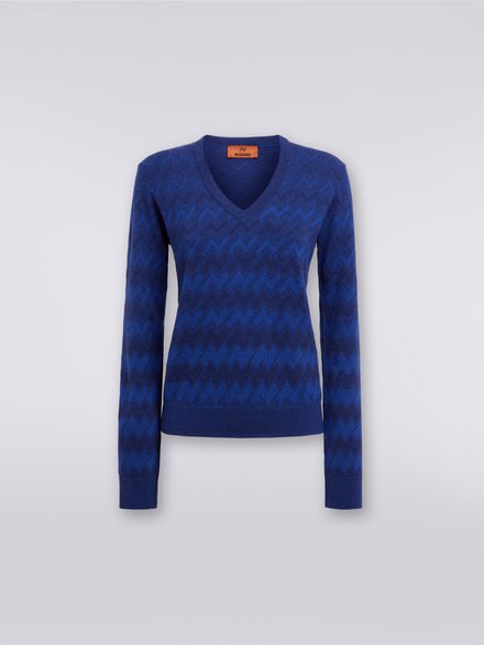 Kaschmirpullover mit V-Ausschnitt und Zickzackmuster, Marineblau  - DS23WN2DBK033KS72CP