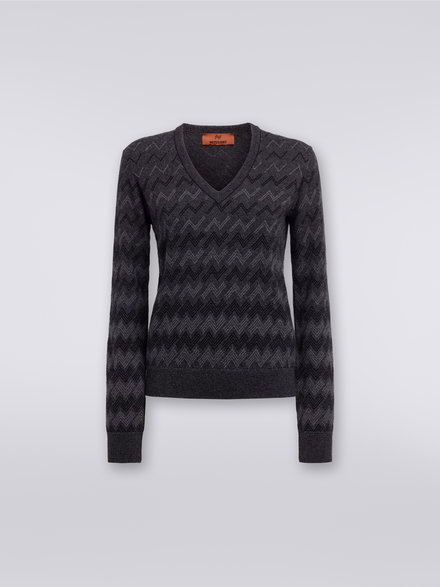 Cashmere V-neck sweater with zigzags, Black    - DS23WN2DBK033KS91I2