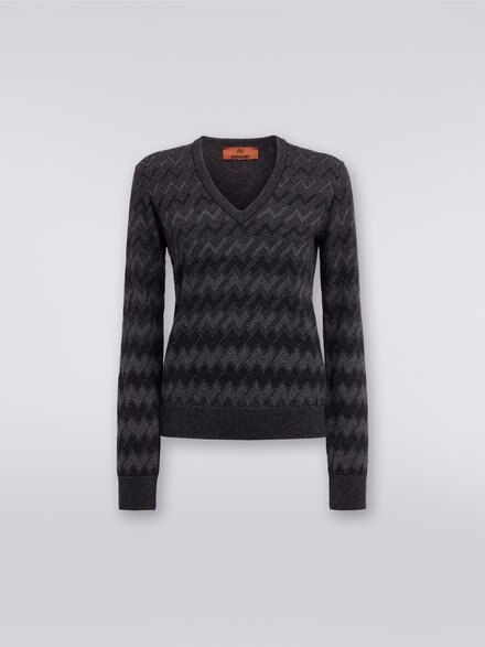 Kaschmirpullover mit V-Ausschnitt und Zickzackmuster, Schwarz    - DS23WN2DBK033KS91I2