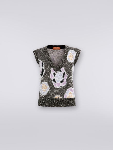 Wool blend V-neck vest with roses and sequins, Multicoloured  - DS23WN2EBK031ISM959