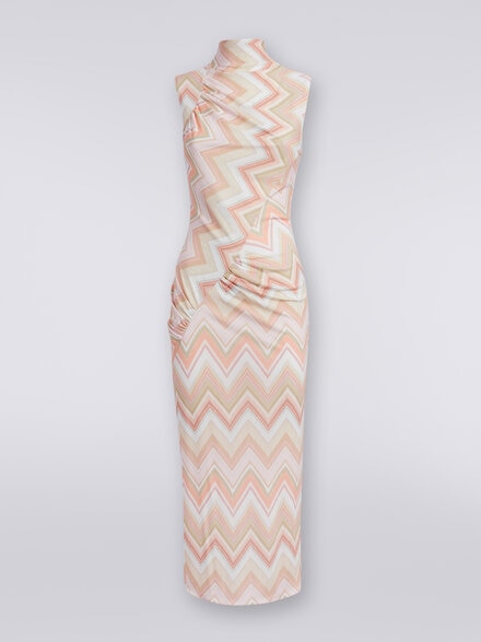 Longuette dress in zigzag viscose with gathers, Multicoloured  - DS24SG0CBJ00I6S30CU