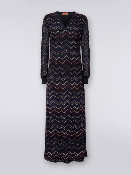 Long dress in zigzag knit with V neckline and lurex, Multicoloured  - DS24SG0XBK033ISM9AP