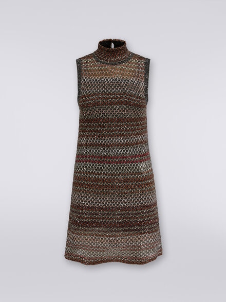Minidress in mesh knit with high neck and sequin appliqué, Multicoloured  - DS24SG15BK033PSM9AJ