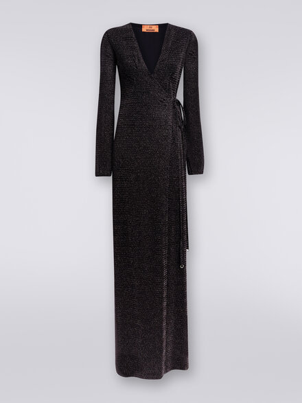 Long V-neck dress in lamé viscose, Black    - DS24SG1IBR00UNS91IG