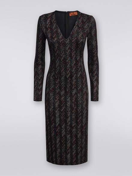 Long V-neck dress in zigzag viscose and wool, Multicoloured  - DS24SG1NBR00UPSM96R