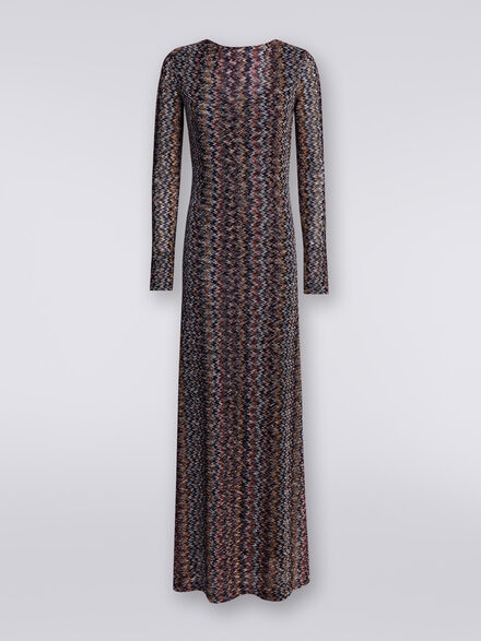 Langes Kleid aus Viskose mit rückseitigem V-Ausschnitt, Chevronmuster und Lurex, Mehrfarbig  - DS24SG1SBR00UYSM96U