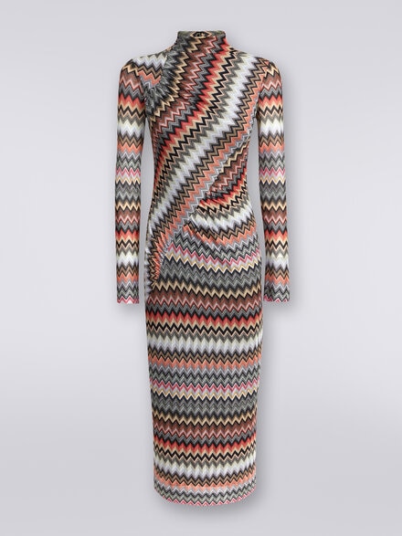 Langes Kleid mit hohem Kragen aus Baumwolle und Viskose mit Zickzackmuster und Raffung , Mehrfarbig  - DS24SG27BR00UMSM96P