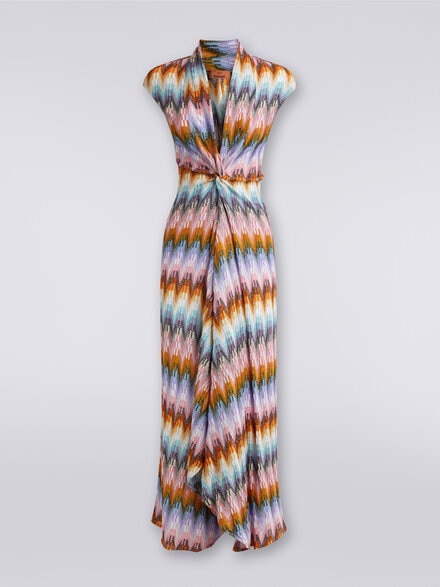 Long dress with knotted neckline and lurex, Multicoloured  - DS24SG4IBR00Y5SM9CP